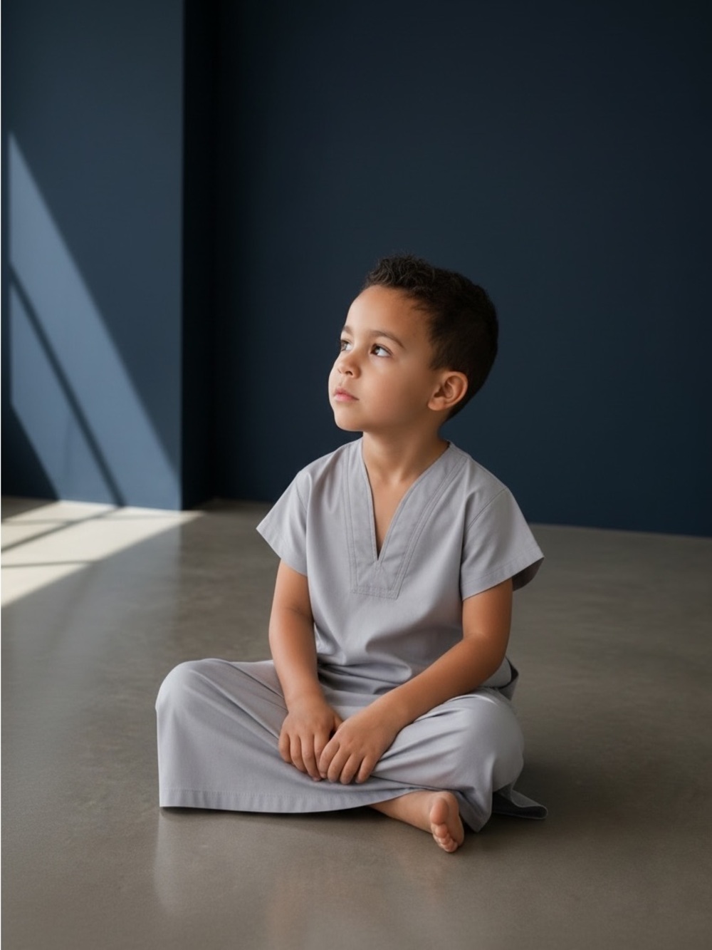 Boys Light Grey Thobe Islamic Prayer Dress Short Sleeve V-Neck Size 70